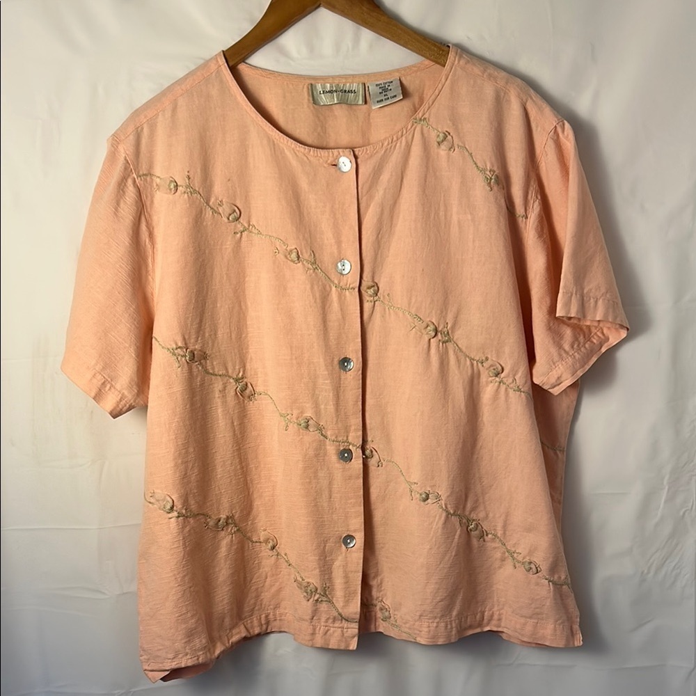 Lemon Grass 100% Cotton Embroidered Button Front Blouse Women’s XL Peach Boho